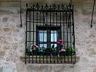ventana con reja y macetas con geranios en la ciudad de Sig�enza