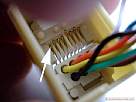 foto comprobando el correcto alojamiento de los hilos dorados de conexi�n del conector hembra rj45